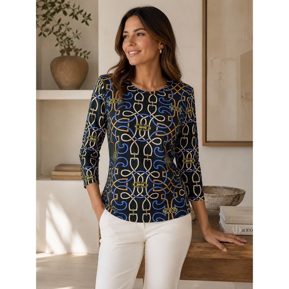 J Mclaughlin Tops - J. McLaughlin Catalina Cloth Equestrian Chain Print Stretch Top Green Blue Sz M